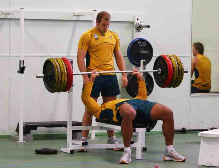 Rugby bench strength conditioning players wycliff palu powerlifting important wallabies cameron spencer moore presses How much can rugby players bench press