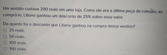 Solved: Um vestido custava 200 reais em uma loja. Como ele era a última ... Solved: Um vestido custava 200 reais em uma loja. Como ele era a última ...