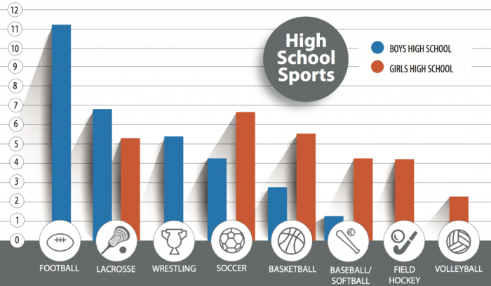 Which sport has the least concussions?