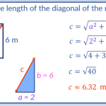 Exemplos de cálculo de diagonal de retângulos com diferentes dimensões.