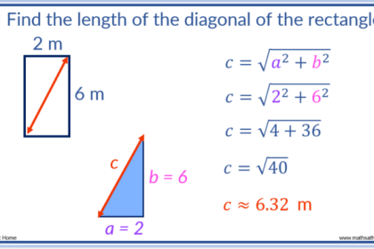 Exemplos de cálculo de diagonal de retângulos com diferentes dimensões.